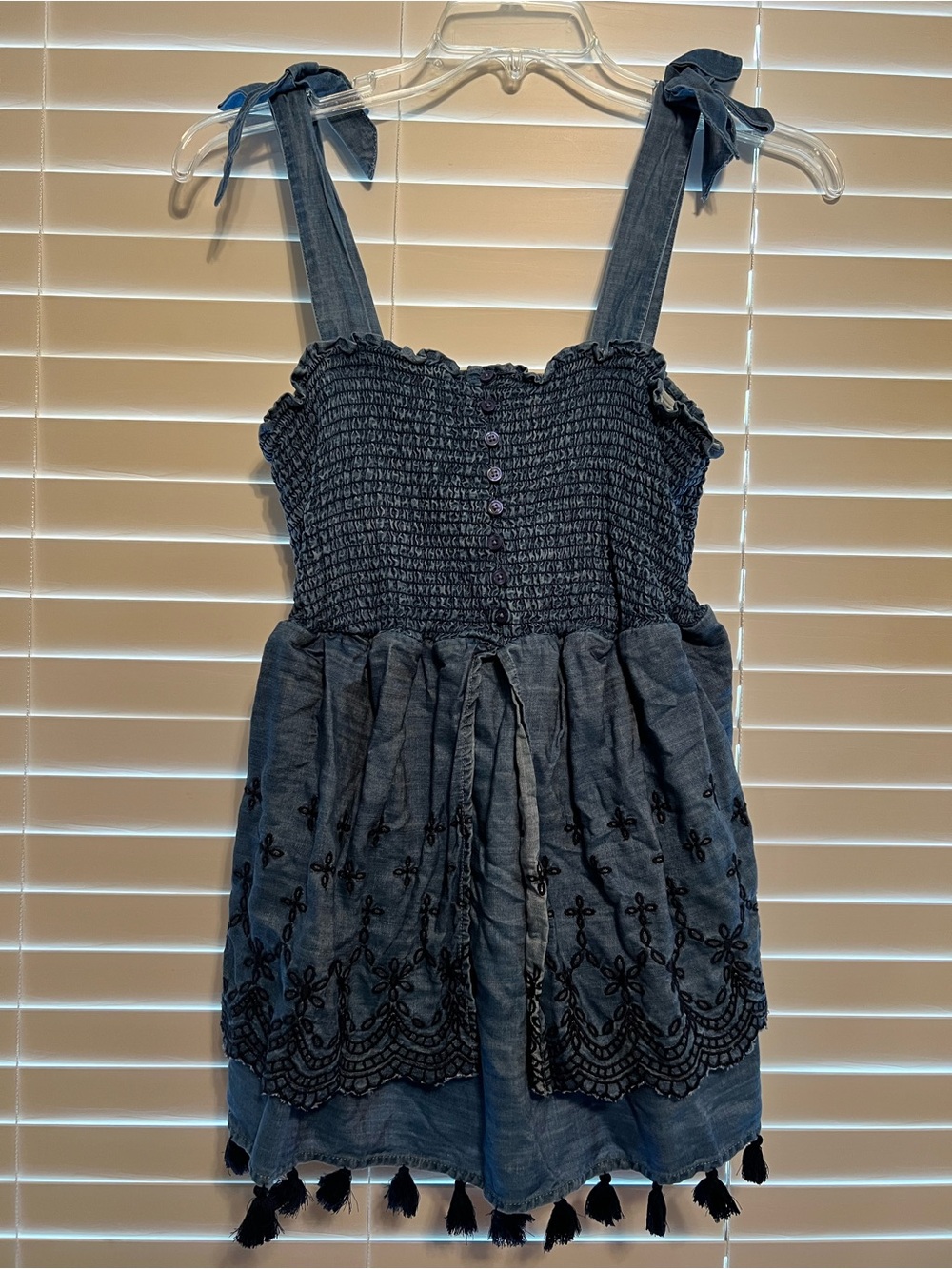 crown & ivy Denim-Look Smocked Tie-Shoulder Tank in Blue